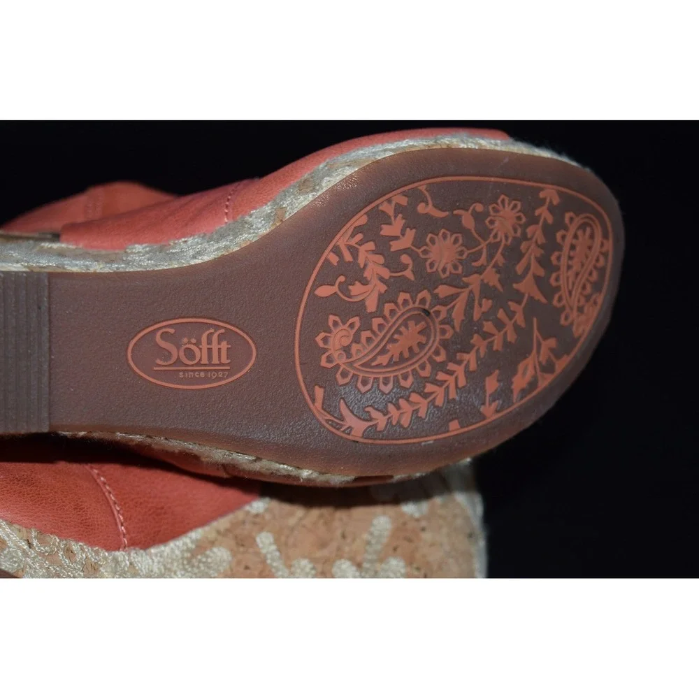 Sofft Wedge Sandals Womens 7M Coral Orange Embroidered Cork Heel SF0014493